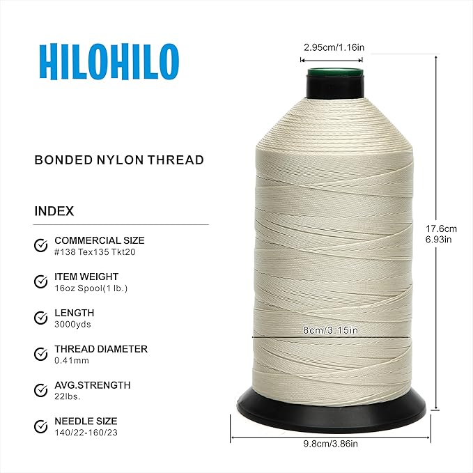 Extra Strong Bonded Nylon Thread #138 Tex135 – 16 OZ, 3000yds, Versatile Stitching Solution for Leather, Upholstery, Canvas Repair and More (Beige)