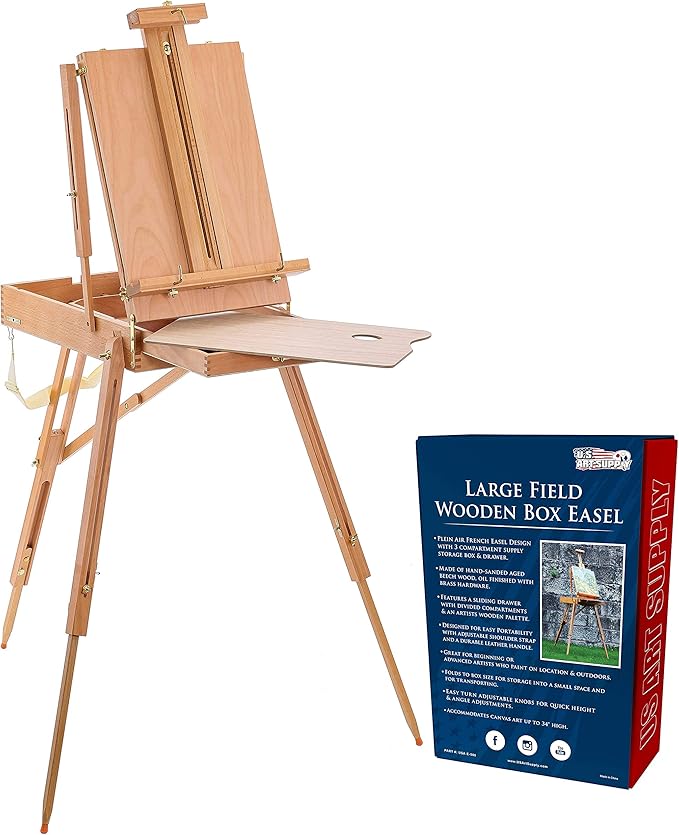 U.S. Art Supply Large Beechwood French Easel, Adjustable Plein Air Easels Sketchbox Tripod for Field & Studio Painting Easel for Adults, Drawing, Display - Portable with Artist Drawer & Palette