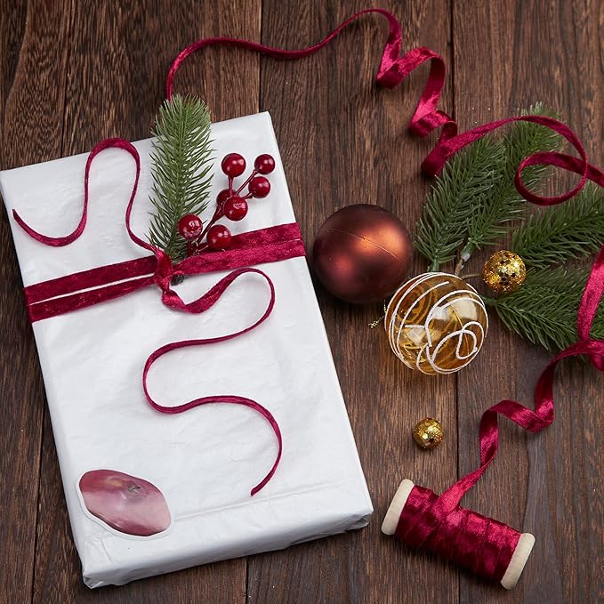 Velvet Red Ribbon for Christmas Tree Decor Double-Sided Handmade Glossy Fabric Trim Wooden Spool Thin Ribbons Gift Wrapping Crafts Wedding Flower Bouquet 3/8 inch x 5YD 3 Rolls