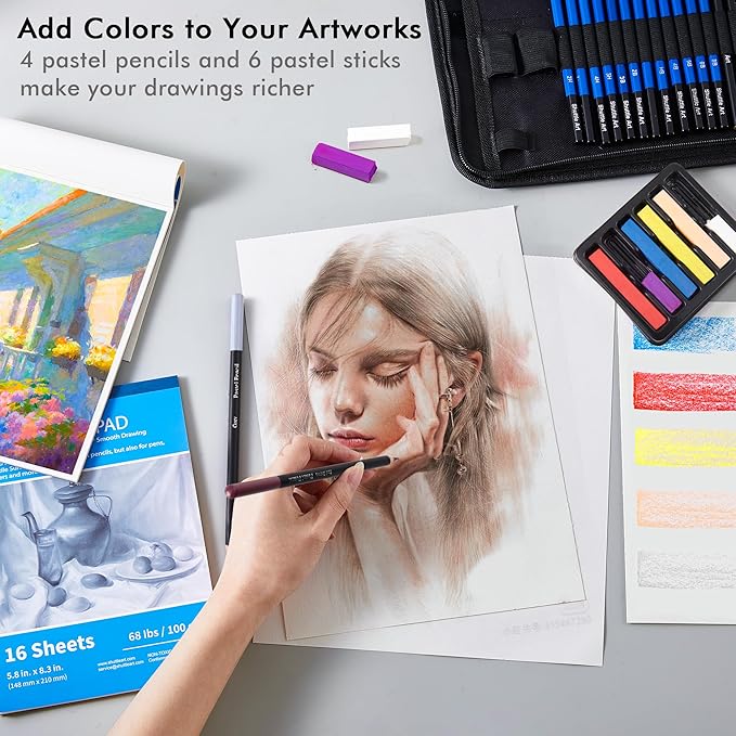 Shuttle Art 52 Pack Drawing Pencils Set, Professional Art Kit with Graphite Charcoal Sticks, Drawing Pad in Portable Case, Ideal for Kids and Adults Artists
