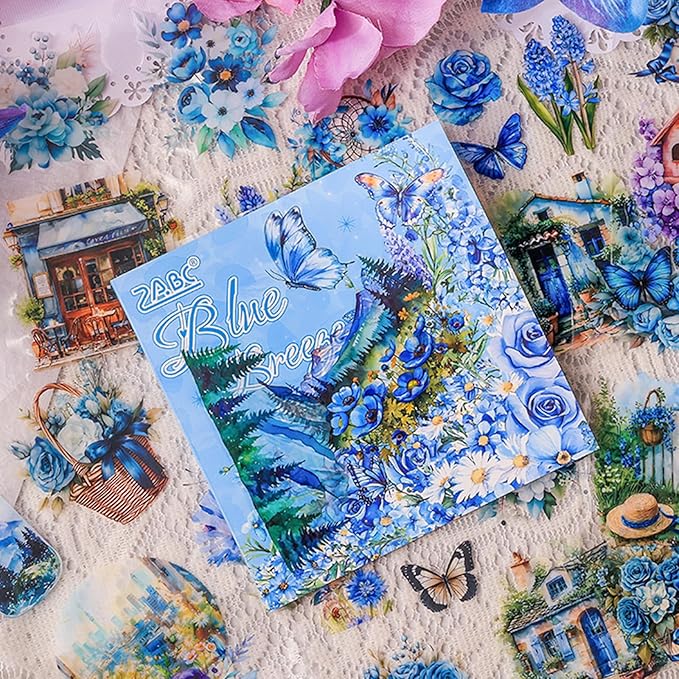 Floral Stickers Set,30 Sheets Blue Waterproof PET Clear Flower Stickers for Scrapbooking Journaling Bullet Journal Junk Journal Supplies