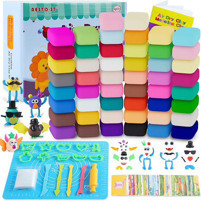 Air Dry Clay 50 Colors, Modeling Clay for Kids, DIY Model Magic Clay, Molding Clay Kit with Sculpting Tools, Non-Sticky Soft and Super Light, Arts and Crafts Gift for Boys Girls Kids