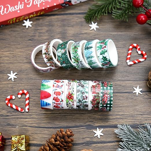 Christmas Washi Tape Set,12 Rolls Floral Watercolor Plants Decorative Tape Santa Claus Snowman Gift Masking Tape for Journaling Supplies,Journal, Scrapbooking,DIY Arts & Crafts,Gift Wrapping