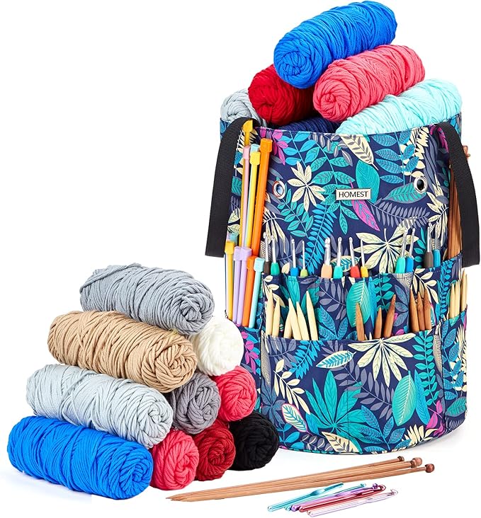 HOMEST Large Crochet Bag with Customized Front Compartment for Knitting Accessories, Yarn Storage with 6 Oversized Grommets, Tote Organizer with Drawstring Closure, Floral