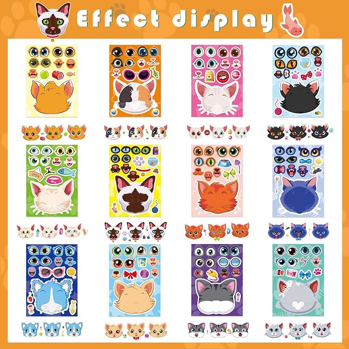 24 Sheets Cats Stickers for Kids, Make a Cat Face Stickers, Make You Own Cats Stickers Animal Stickers for Kids, Birthday Gift Party Favors Supplies Teacher Art Craft, Games School Activity Reward