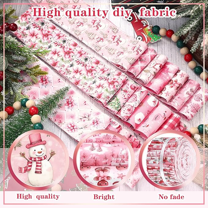 Fanfanwin 40 Pcs Pink Christmas Quilting Fabric Roll 2.56 Inch Precut Fabric Squares Jelly Patchwork Santa Claus Snowman Poinsettia Strips Materials for Winter Xmas Holiday Craft Sewing Panels DIY