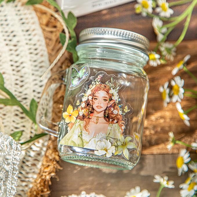 Spring Flower Girls PET Stickers Set, 60Pcs Fairy Character Stickers with Holographic Effect for Journaling, Scrapbooking, and DIY Crafts