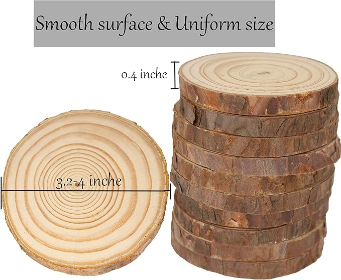 Unfinished Natural Wooden Slices 60 Pcs 3.2-4 Inch Wood Circles for Crafts DIY Christmas Ornament Craft Wood Kit with Bit,Blank Round Wood Slice with Bark for Art,Painting,Party (60)