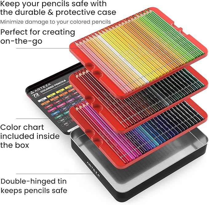 ARTEZA Colored Pencils 72 Soft Wax-Based Color Pencils for Adults & Artists. Pre-Sharpened Drawing Set for Blending, Coloring, Shading & Sketching. Professional Art Supplies in Tin Box, Holiday Gift