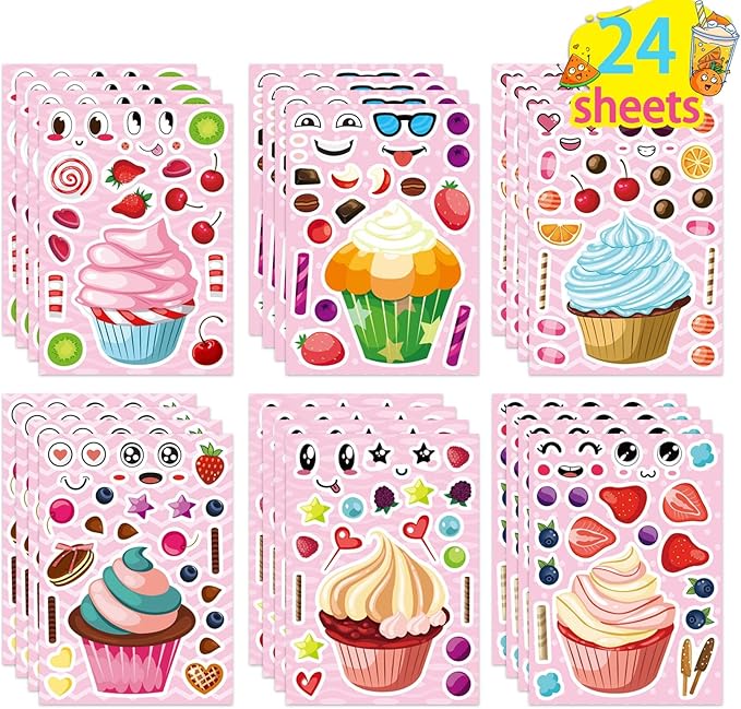 24 Sheets Make-a-face Cupcake Stickers Make Your Own Dessert Stickers Mix and Match Sweets and Fruit Treats Party Favor Supplies for Kids Ice Cream Sticker Games Birthday DIY Art Crafts