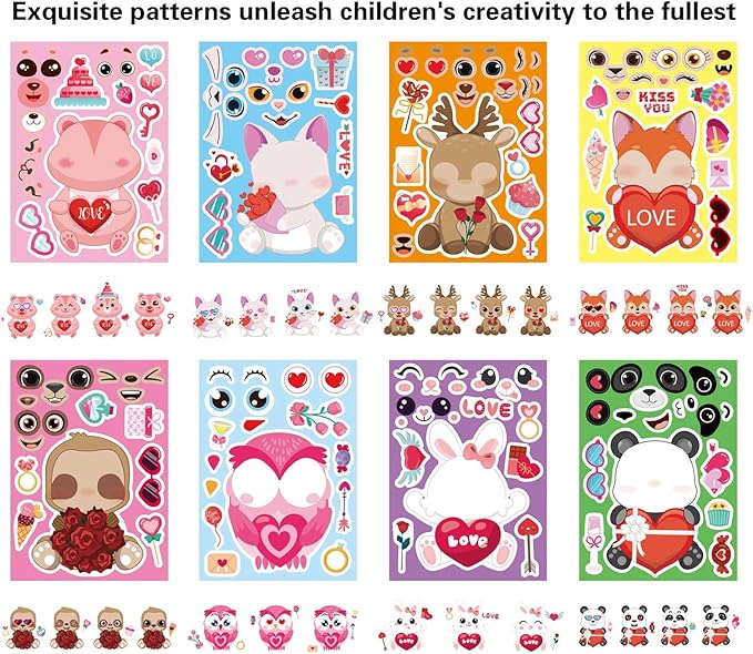 32 Sheets Valentine Stickers for Kids, Valentine' s Day Make a Face Stickers, Make Your Own Valentine Sticker for Boys Girls, Valentines Gifts Classroom Teacher Reward Valentine' s Day Party Supplies