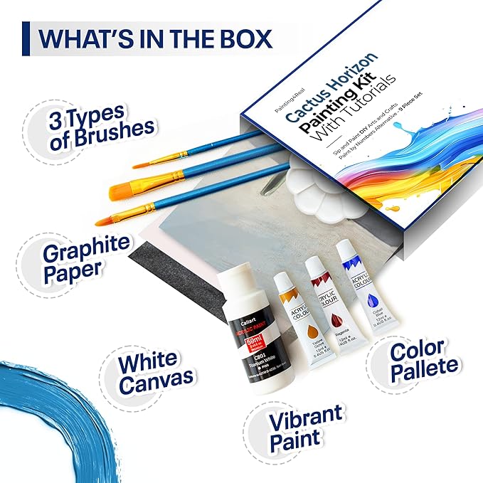 Painting4Real DIY Art Painting Kit for Adults – Learn to Paint Cactus Horizon with Video Tutorials – 9 Pieces Acrylic Paint Set for Adults –Perfect Christmas Crafts & Holiday Gifts for Art Lovers