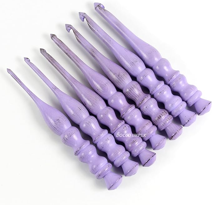 Handmade Ergonomic Wooden Crochet Hooks for Arthritic Hands (Set of 7) Needles for Yarn Accessories | Size 4 mm to 10 mm with Engraved | Yarn Tool (Purple)