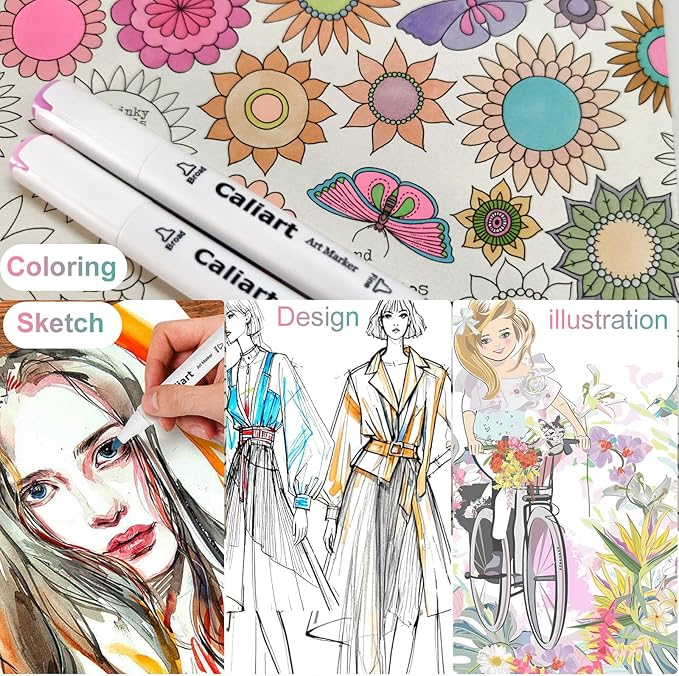 Caliart Pastel Markers, 61 Colors Dual Tip Art Markers Sketch Pens Permanent Alcohol Based, with Case for Adults Artists Drawing Illustration Sketching Coloring