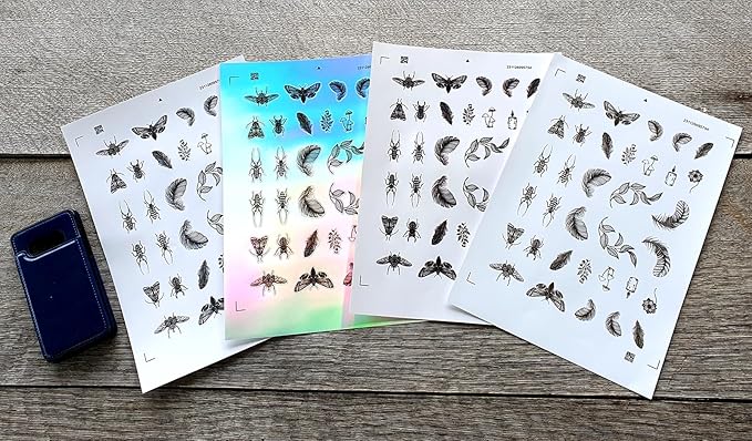 Stickers Pack (Over 150 Stickers) Amazing Fineline Drawings of Feathers and Insects Vintage Styled Small Vinyl Stickers White Hologram Transparent