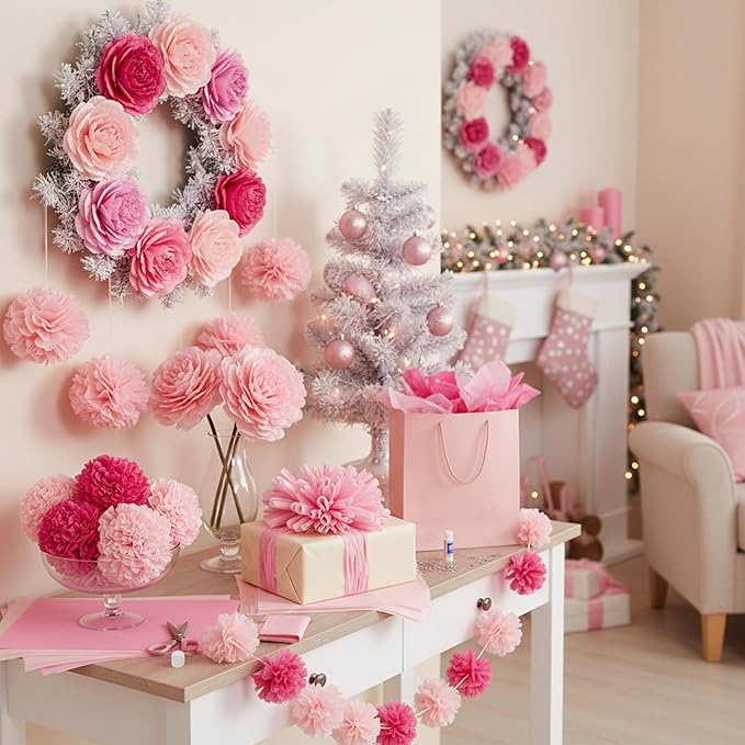 Qilery 500 Sheets Valentine's Day Pink Tissue Paper Bulk for Gift Bags 15 x 20 Inch Acid Free Packaging Wrapping Paper Sheets for Valentine's Day Wedding Decoration DIY Flower, Pom Poms Craft Supplies