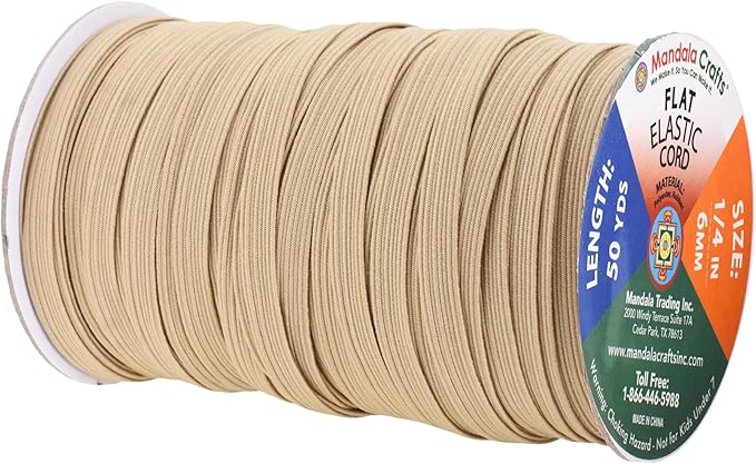 Mandala Crafts 6mm 50 Yds Roll of Tan Elastic Bands for Sewing - 1/4 Flat Elastics Cord - 1 4 Inch Braided Stretch Straps for Crafting