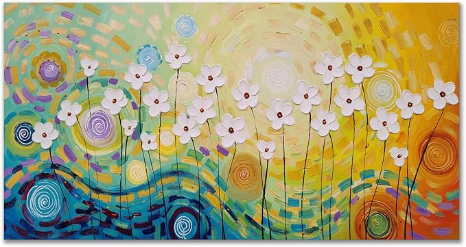 Yihui Arts Hand-Painted Textured Floral Oil Painting on Canvas - Vibrant Abstract White Flowers Wall Art for Living Room, Bedroom, Modern Home Decor