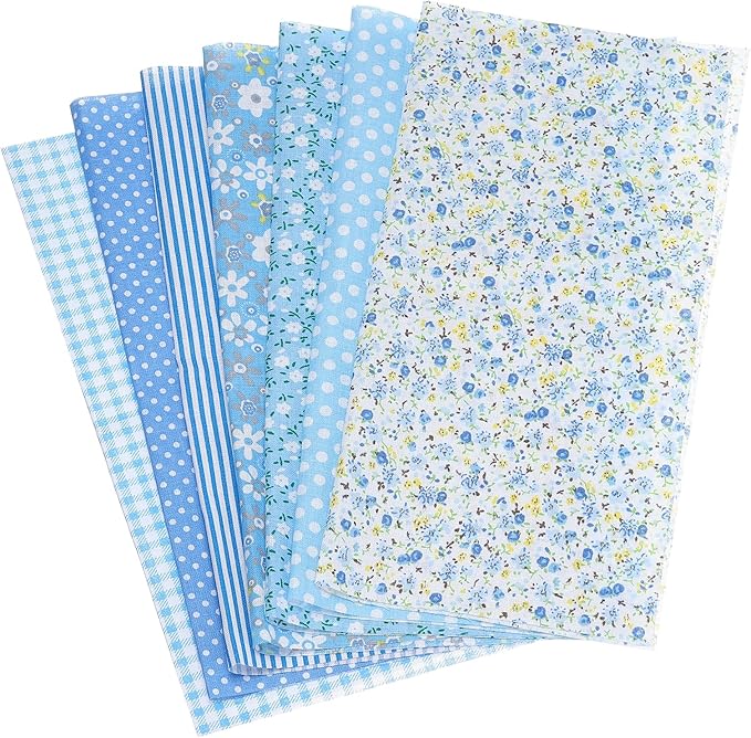 PATIKIL Cotton Fabric Bundles, 7 Pcs 20 x 20 Inch Pure Cotton Fat Quarter Floral Printed Precut Fabric Squares for Sewing Patchwork Quilting DIY Crafts, Blue