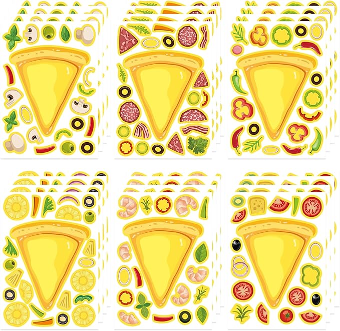 24 Sheets Make Your Own Pizza Stickers for Kids, Pizza Party & Family Night, Food Stickers, Motivational Reward Stickers for Teachers and Students