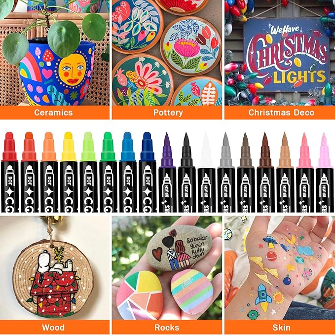 60 Colors Acrylic Paint Markers,Dual Tip Acrylic Paint Pens for Rock Painting,Halloween Decor,Pumpkin，Wood,Canvas,Calligraphy,Brush Tip Markers For DIY Crafts Art Supplies Christmas Gift