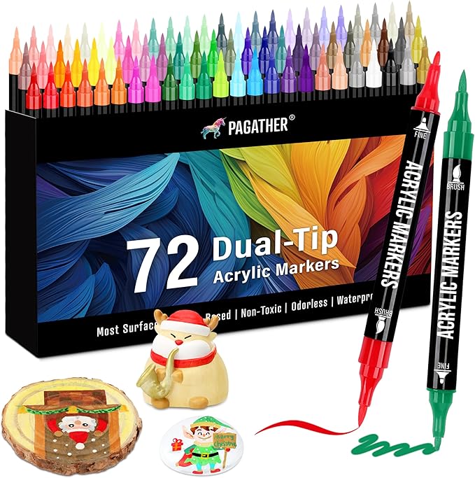 72 Colors Acrylic Paint Markers, Dual Tip with Fine Tip and Brush Tip Pens for Stone, Wood, Calligraphy, Canvas, Ceramic, Metal, Glass, Rock Painting, DIY Crafts