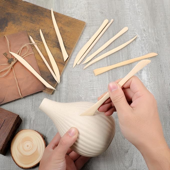 DIVINA VITAE 10Pcs Wooden Clay Sculpting Tools Double Ended Clay Modeling Tools 6.22 Inch Pottery Sculpting Tools for Cutting Soap Carving Smoothing Clay Supplies