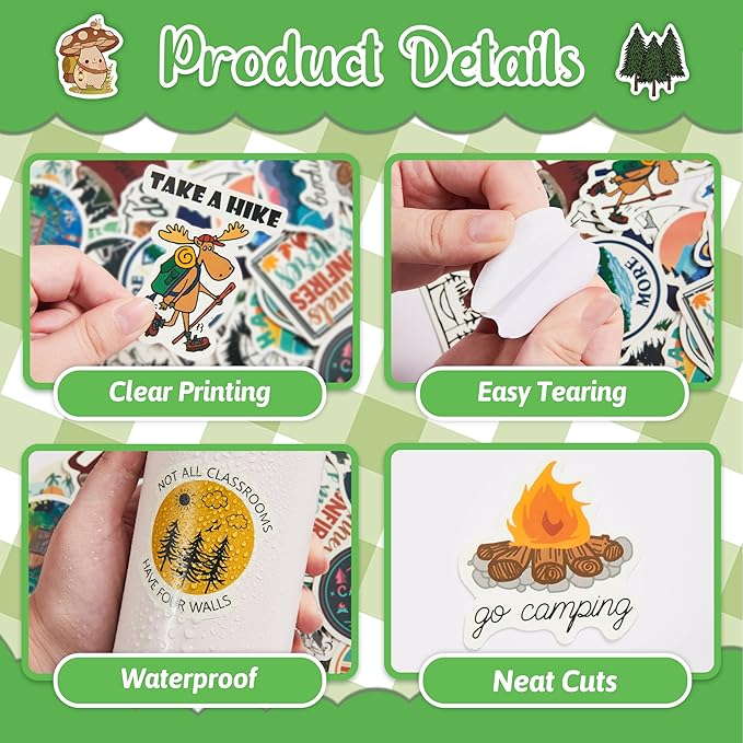 100 Pcs Outdoor Adventure Hiking Camping Adults Stickers for Water Bottle, Waterproof Vinyl Wilderness Nature Travel Wildlife Laptop Decals, Summer Camp Sticker for Teens Girls Boys Kids