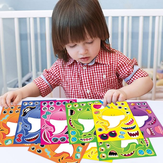 24 Sheets Make a Shark Stickers for Kids, Ocean Animals Arts and Crafts, Make Your Own Sea Animal Sticker for Party Favors, Summer Stickers for Kids Classroom Activities Teacher Reward