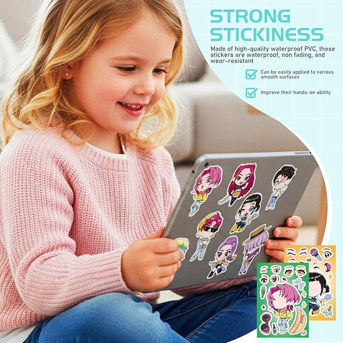 24Sheets DIY Make a Face De-mon Movie Hu-nters Stickers for Kids, 6.3”x4.3” Make Your Own Mixed & Matched with 8 Designed Characters Sticker for Birthday Party Supplies Favors Class Reward