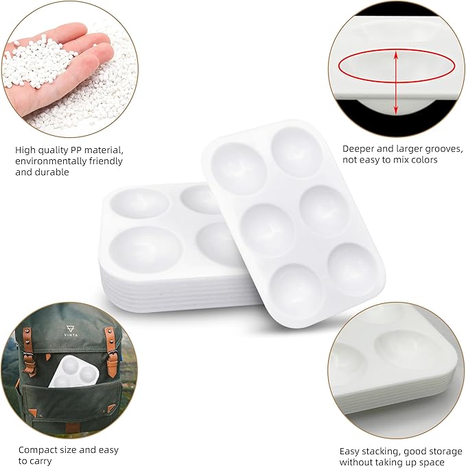 25 PCS White Plastic Paint Tray Palettes, 6 Well Rectangular Watercolor Oil Palette for Kids, Adult, Student Artist Craft Palettes,Painting Tray for Painting Party, DIY Craft and Art Painting