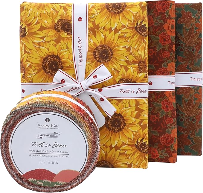Tinyspool & Co. Quilting Bundle – Fall is Here Jelly Roll + 3-Yard Fabric for Each Print: No.14 – Sunflower Yellow, No.9 – Oriental Red, No.20 – Rustic Green