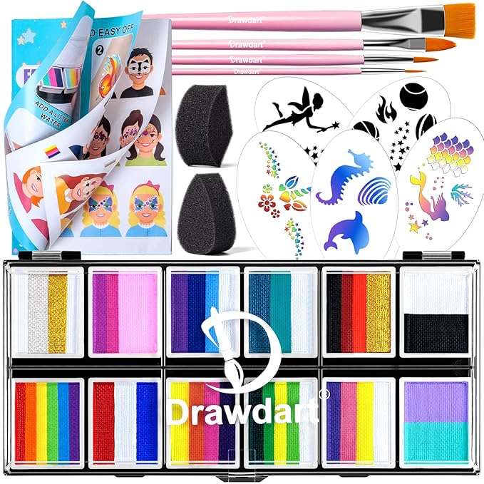 Professional Face Painting Kit for Kids Adults, Split Cake Face Paint Palette 12 x 10gm with Stencil, One Stroke Non Toxic Rainbow Face Body Paint Set Festival Makeup