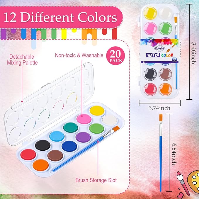 Nuanchu Christmas Gifts Bulk Watercolor Paint Washable Watercolor Paint Kits Palette and Brushes Portable Water Color Supplies for Adults, Beginners Artists Valentine Gift(20 Pack,12 Colors)