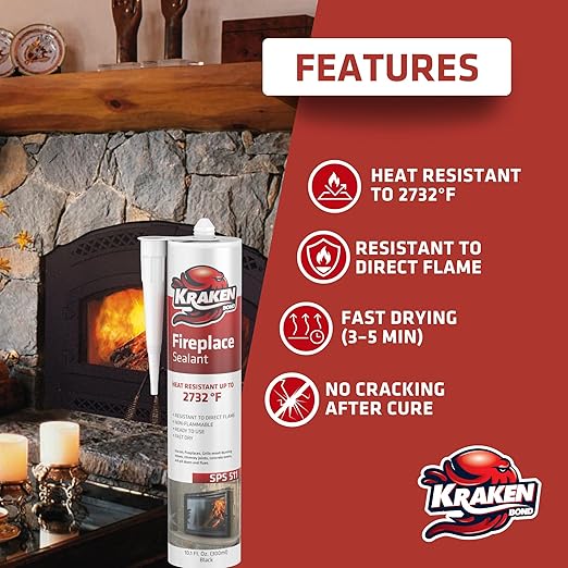 Kraken Bond High Temperature Black Fireplace Sealant 2732°F - (2x10.1oz.) Fire Resistance Up to 2732°F, High Temp Fire Caulk for Ovens, Stoves, Chimneys - Fast Dry, Paintable, Non-Flammable, 2 Pack