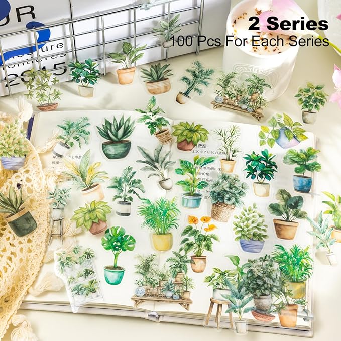 200Pcs Spring & Summer Botanical PET Stickers, Nature-Themed Scrapbooking Stickers for Journaling, DIY Crafts, and Decoration Supplies