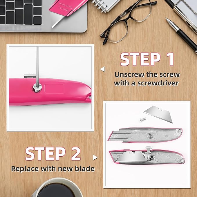 DIYSELF 30 Pack Box Cutter Heavy Duty Aluminium Shell Utility Knife | SK5 Steel Sharp Blade | Retractable Knife for Cutting Cartons Ropes and Cardboard | Home and Office Use, PVC Pipe Cutter (Pink)