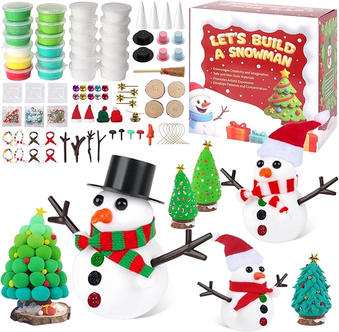 24 Pack Build a Snowman & Christmas Trees Clay Kit for Kids – Colorful Air Dry Clay Christmas Craft Set, Modeling Craft DIY Set, 2-in-1 Snowman Tree Activity, Creative Xmas Gift for Boys Girls