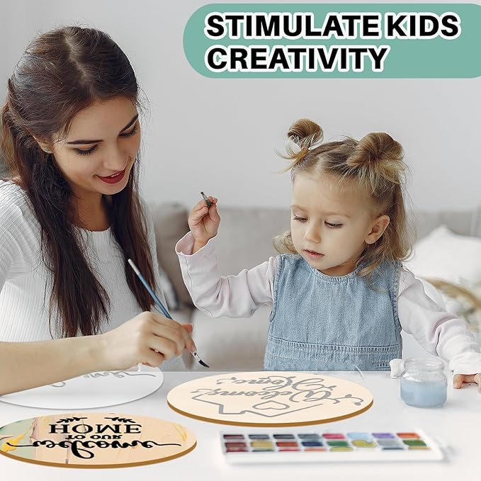 12 Inch Wood Circles for Crafts, 10Pcs Unfinished Wood Rounds with 9Pcs Welcome Stencils & 12Pcs Painting, DIY Wooden Crafts for Door Hanger, Wood Burning, Painting, Thanksgiving Day Christmas Decor