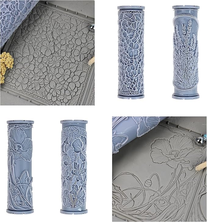 Cottage Blooms 4-Pack Clay Texture Rollers (4") - Flower Set #02 - Embossing Pattern Rollers for Polymer & Ceramic Clay, Pottery & Crafts