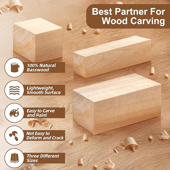 19Pcs Basswood Carving Blocks, Bass Wood with 3 Sizes for Widdle and Whittle Crafts, Soft Whittling Wood Blocks forTeens and Adults Beginners