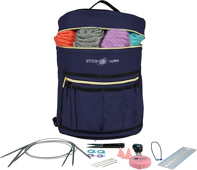 Designer Stitch Happy Knitting Starter Kit: 20 Piece Knitting Kit for Beginners & 7 Pocket Yarn Bag, Signature Yarn Storage - Navy