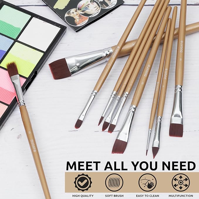DUGATO 10pc Face Paint Brush Set - Professional Synthetic Brushes for Face & Body Painting, Makeup, Cosplay | Ideal for Beginners & Artists