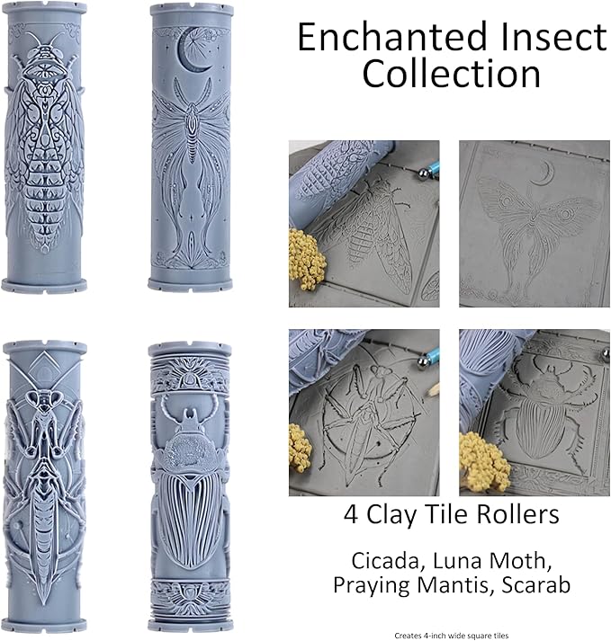 Enchanted Insect Collection Clay Texture Rollers 4-Pack (4") - Insect Set #01 - Embossing Pattern Rollers for Polymer & Ceramic Clay, Pottery & Crafts