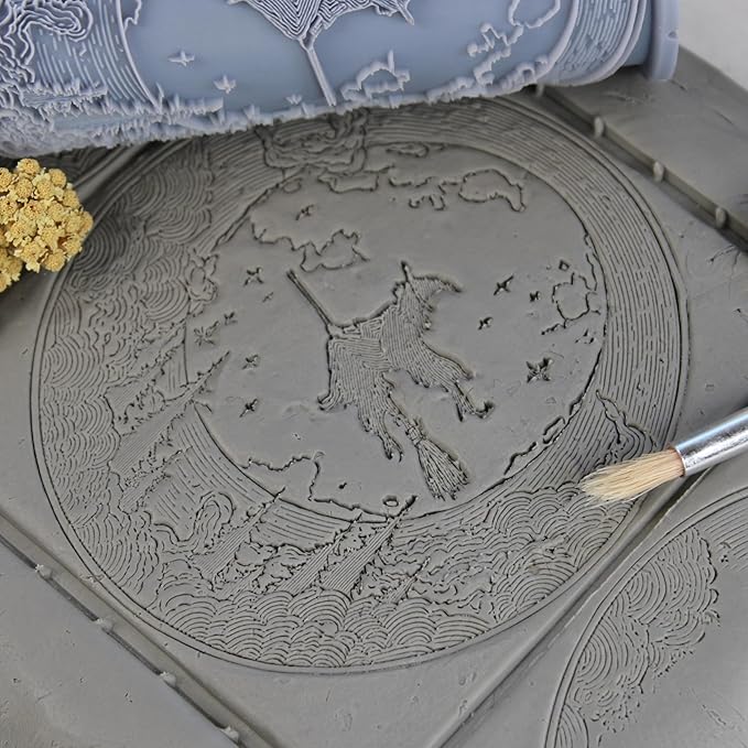Witch Clay Texture Roller (4") - Halloween Set #01 - Embossing Pattern Roller for Polymer & Ceramic Clay, Pottery & Crafts