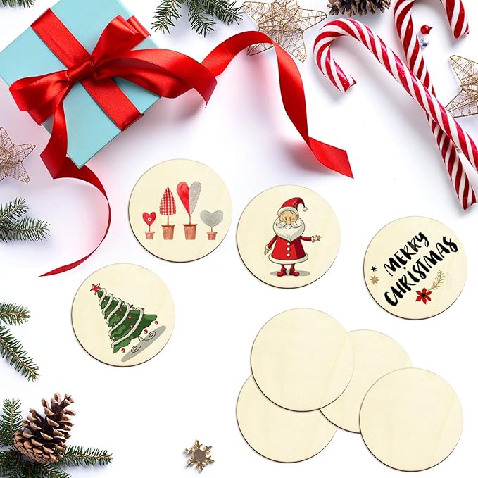 Coopay 120 Pieces 2 Inch Wooden Circles, Unfinished Round Wood Slices Natural Wooden Cutouts for Door Hanger, Painting, Wedding, Home Decoration DIY Wood Craft Supplies
