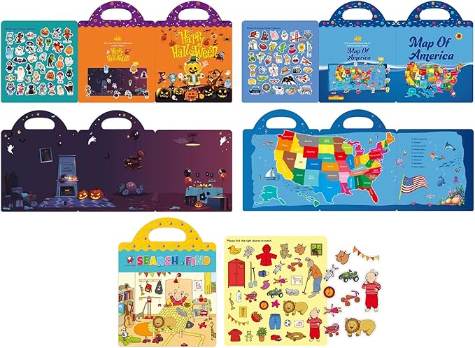 Halloween, Map of America, Search & Find: Reusable Sticker Activity Booklet Bundle with 1 Mini Collectible Eraser for Ages 3+ (Random Theme) [56141]"