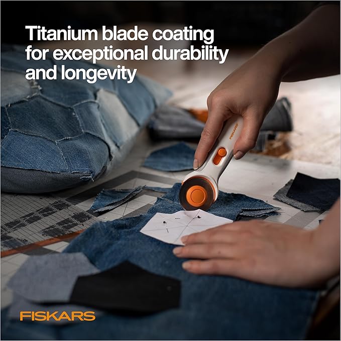 Fiskars Rotary Cutter, Titanium Coated Precision Blade, Cuts Fabric and Vinyl, 45mm, SoftGrip Handle for Comfort