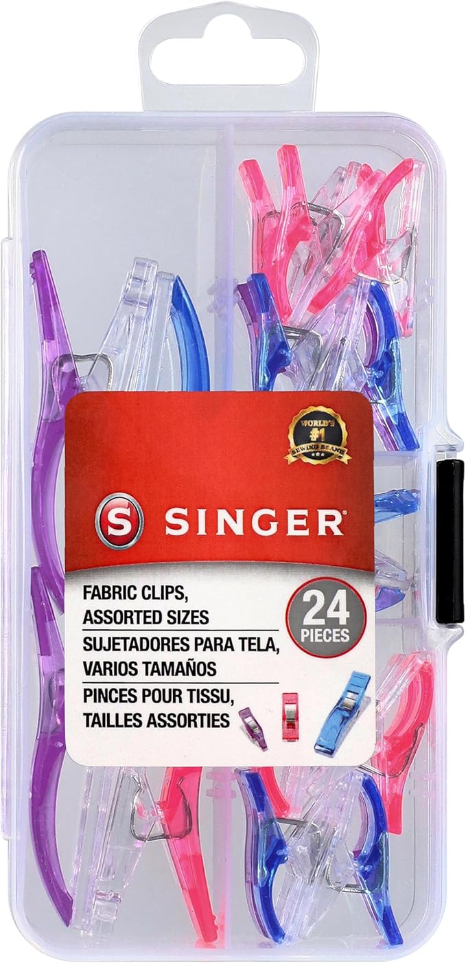 SINGER Sewing & Quilting Clips, 24ct - Large, Small & Mini Fabric Clips for Crafts - Assorted Color Quilt Clamps, Multi-Use Sewing Tool, Includes Storage Case