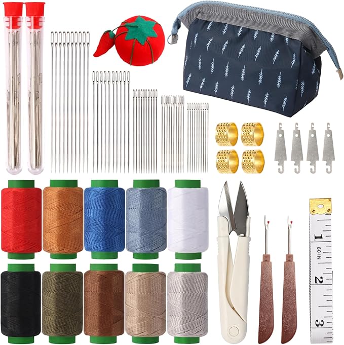 76PCS Big Eye Stainless Steel Sewing Needle Kit, Needle and Thread Kit, Sewing Supplies and Accessories with Scissors Seam Ripper Threaders Measure Tape Thimbles for Home Mom Beginner Traveler
